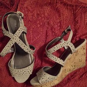 Khaki colored rhinestoned strappy wedges